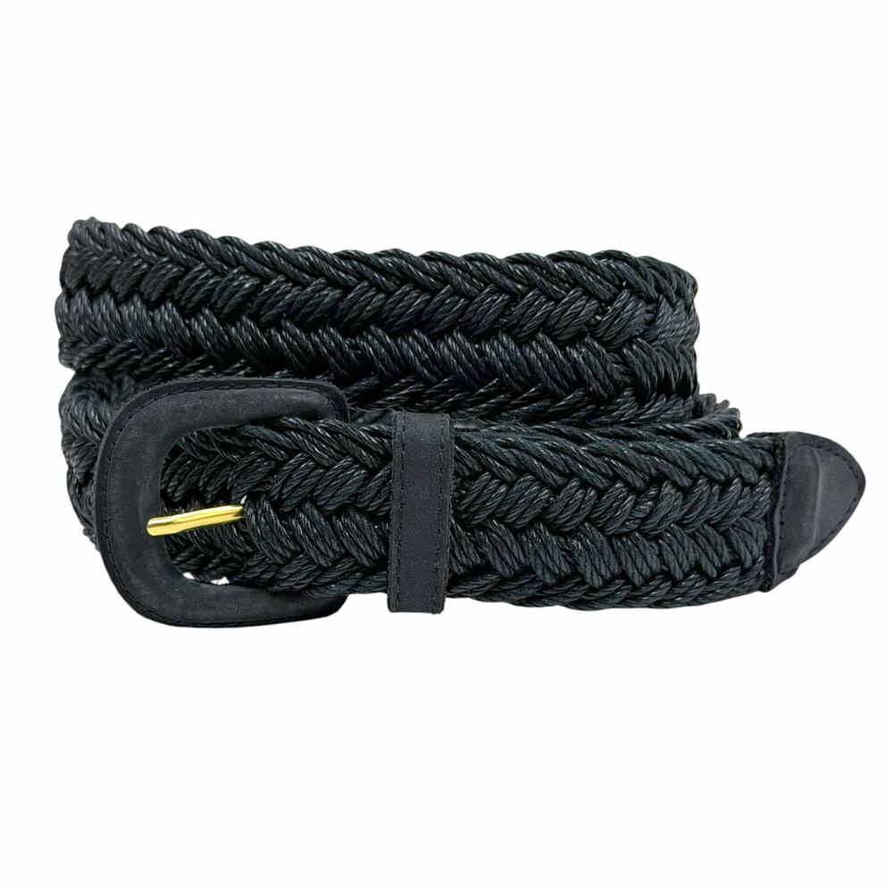 Vtg 90s New York Studio Black Woven Braided Cord Belt Suede Gold Buckle L